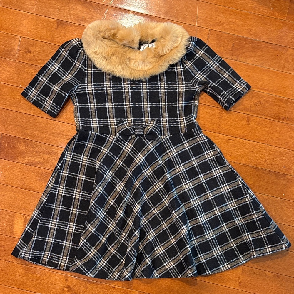 Janie & Jack Plaid Dress with Faux Fur Collar 4T